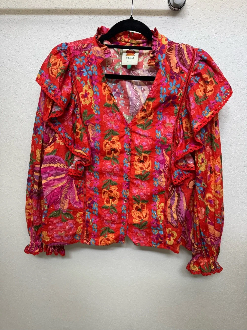 FARM Rio Red Spring Bananas Floral Ruffle V-Neck Puff Long Sleeve Blouse L